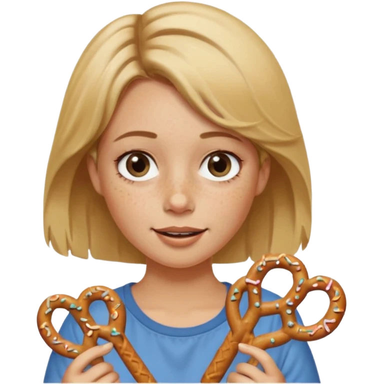 Short, center part, Dirty blond hair, fair skin with freckles,  holding pretzels and winking her eye emoji