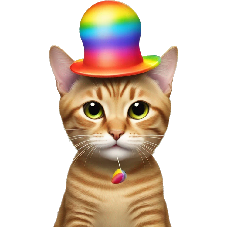 cat wearing a silly rainbow hat with a propeller licking a rainbow lollipop emoji