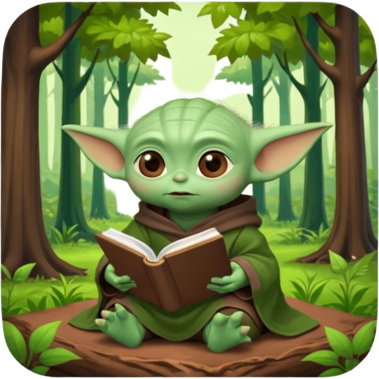 Baby Yoda con su tunica chocolate leyendo en un bosque emoji
