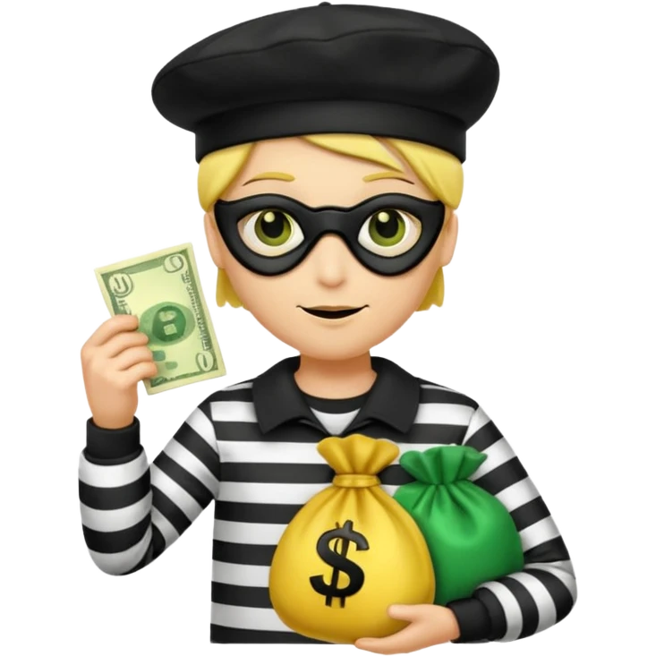 Create a high-quality emoji-style illustration of a cartoon thief character. The character should have a yellow face, wearing a black eye mask and a black beret. He is dressed in a black-and-white striped shirt. In one hand, he's holding a golden money bag with a green dollar sign on it.  emoji