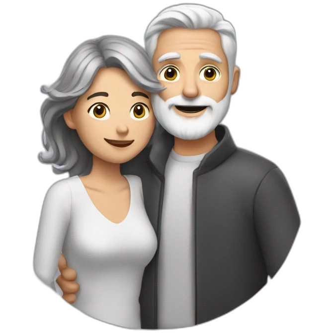 Man with gray hair and white beard hugs woman with dark brown hair emoji