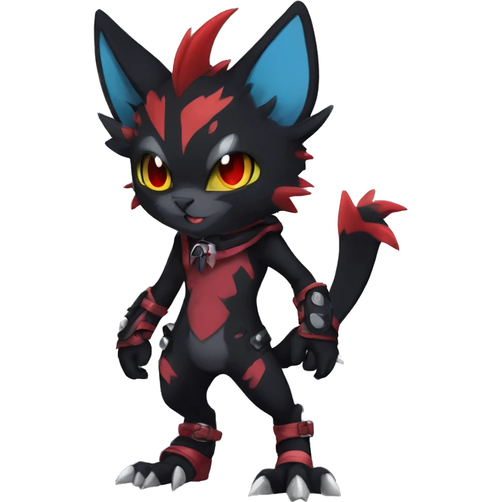 Black Anthro Cool Punk Noibat-Litten-Fakemon-fursona with fangs and red markings Full Body emoji