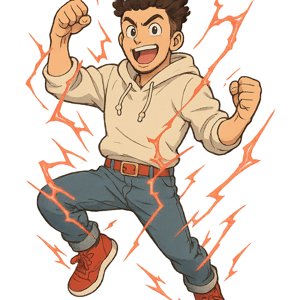 1 male, mid fade haircut dark chestnut brown curly hair, toasted lightskin, white hoodie sleeves up, fashion jeans, red fashion-sneakers shoes, red belt, short trimmed beard and goatee,  style of deku from "my hero academia" doing a "heck yeah!" exclaimation pose with red electricity emoji