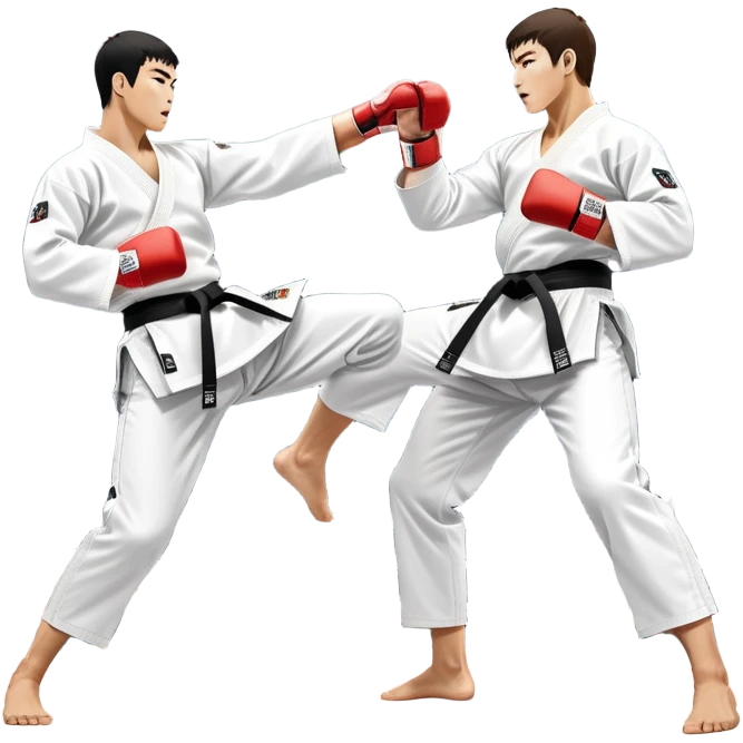Two taekwondo fighters in traditional white doboks with black belts. One delivers a powerful kick, while the other defends by blocking with his knee. The background shows a professional arena with bright lights and an excited crowd. Transparent background highlights the intense action emoji