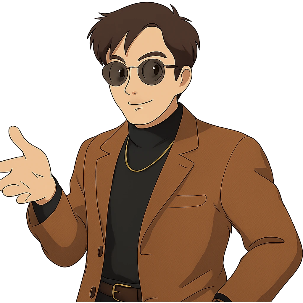 Make the man look stylish in Ghibli style, remove background. emoji