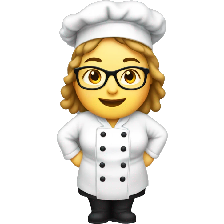 chubby happy mature female chef , with glasses , black beanie hat and apron and white jacket emoji