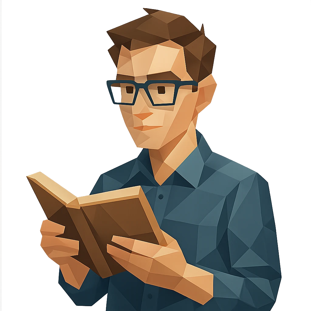 nerdy guy with glasses, holding a book, low-poly polygonal style emoji