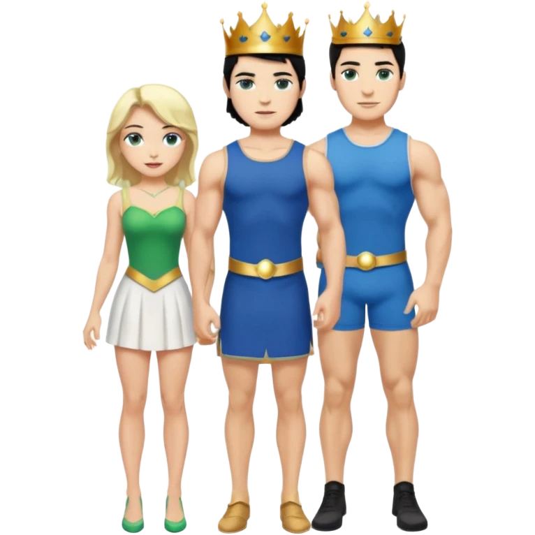 Prince with crown, black hair, body, legst, blue eyes, woman blonde hair, green eyes, sexy white short sleveless dress,  emoji