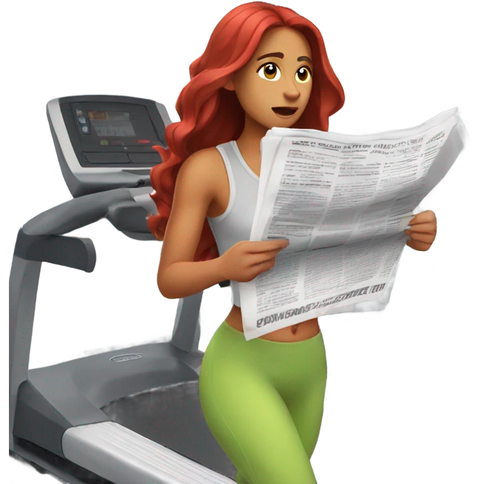 Latina with long red hair on a treadmill while she reads the paper emoji