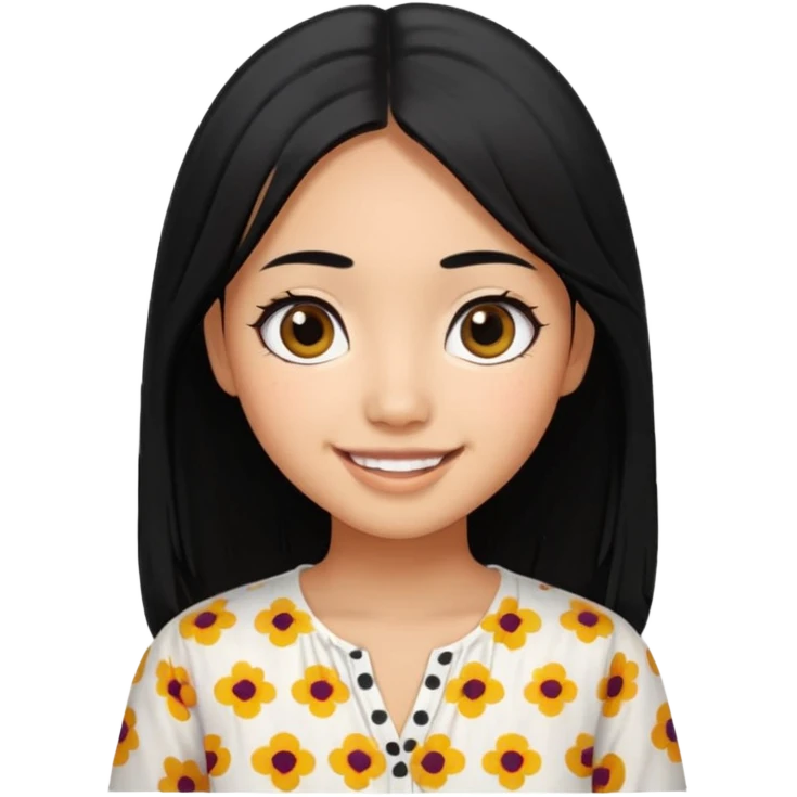 20 yr old asian woman hair white blouse with black dots center part big eyes big smile tanned skin straight black hair hippie part hair  emoji