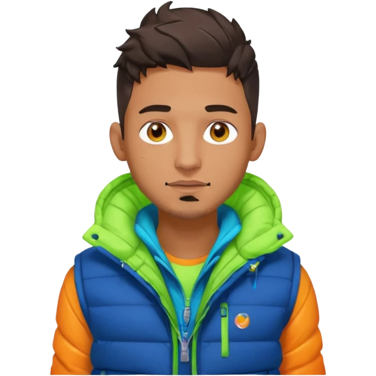 Cyberpunk street adult, hispanic, male, messy undercut, puffer vest over hoodie, glowing earpiece, light stubble, brown eyes, neon reflections, headshot emoji