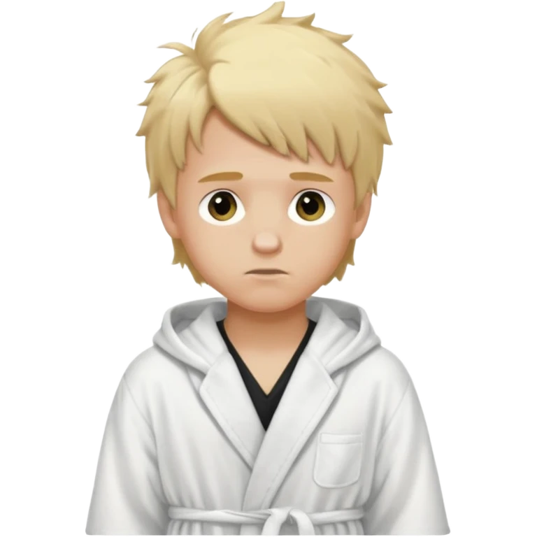 Create a blond boy with long, messy hair, light eyes, a white t-shirt, rich, with long hair, blue eyes, medium-length, voluminous hair, wearing a black Nike bathrobe and a little blush near his nose. emoji