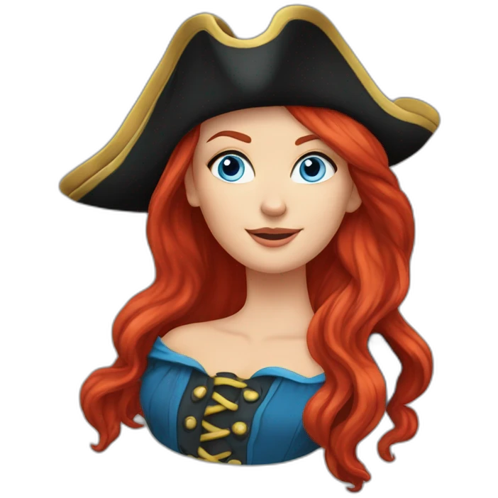 Woman long red hair in a single platt. pirate hat. One side of head has no hair. Blue eyes. skull and crossbones t shirt emoji