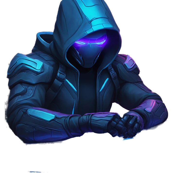 developer behind his laptop with this style : crysis Cyberpunk Riot Games Valorant neon glowing bright blue character blue black hooded assassin themed character emoji