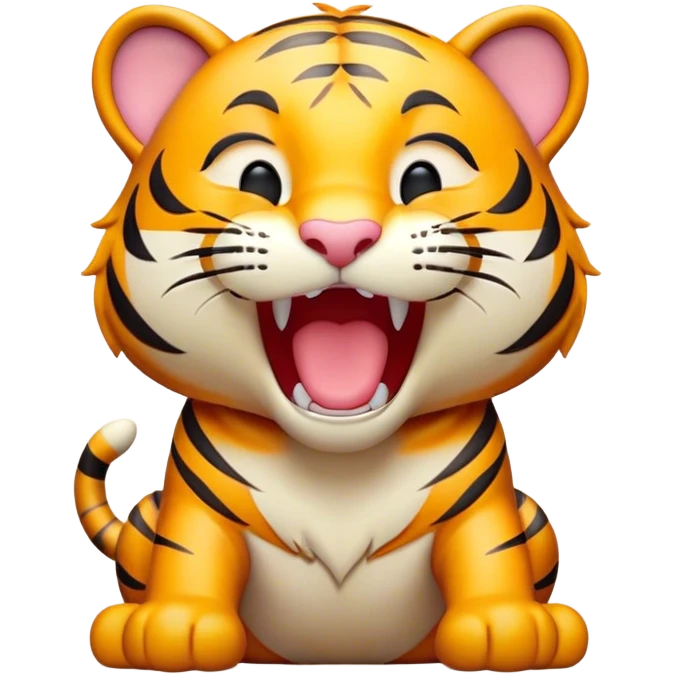 Cinematic Cute Yawning Tiger Portrait Emoji, Head tilted slightly with a dramatic, wide-open yawn, showcasing a lithe, striped body with drowsy, half-closed eyes and an open, relaxed expression, Simplified yet irresistibly adorable features, highly detailed, glowing with a soft, cozy wild glow, high shine, relaxed yet expressive, stylized with a dash of whimsical jungle charm, soft glowing outline, capturing the essence of a drowsy yet affectionate tiger that appears ready to stretch out for a nap! emoji