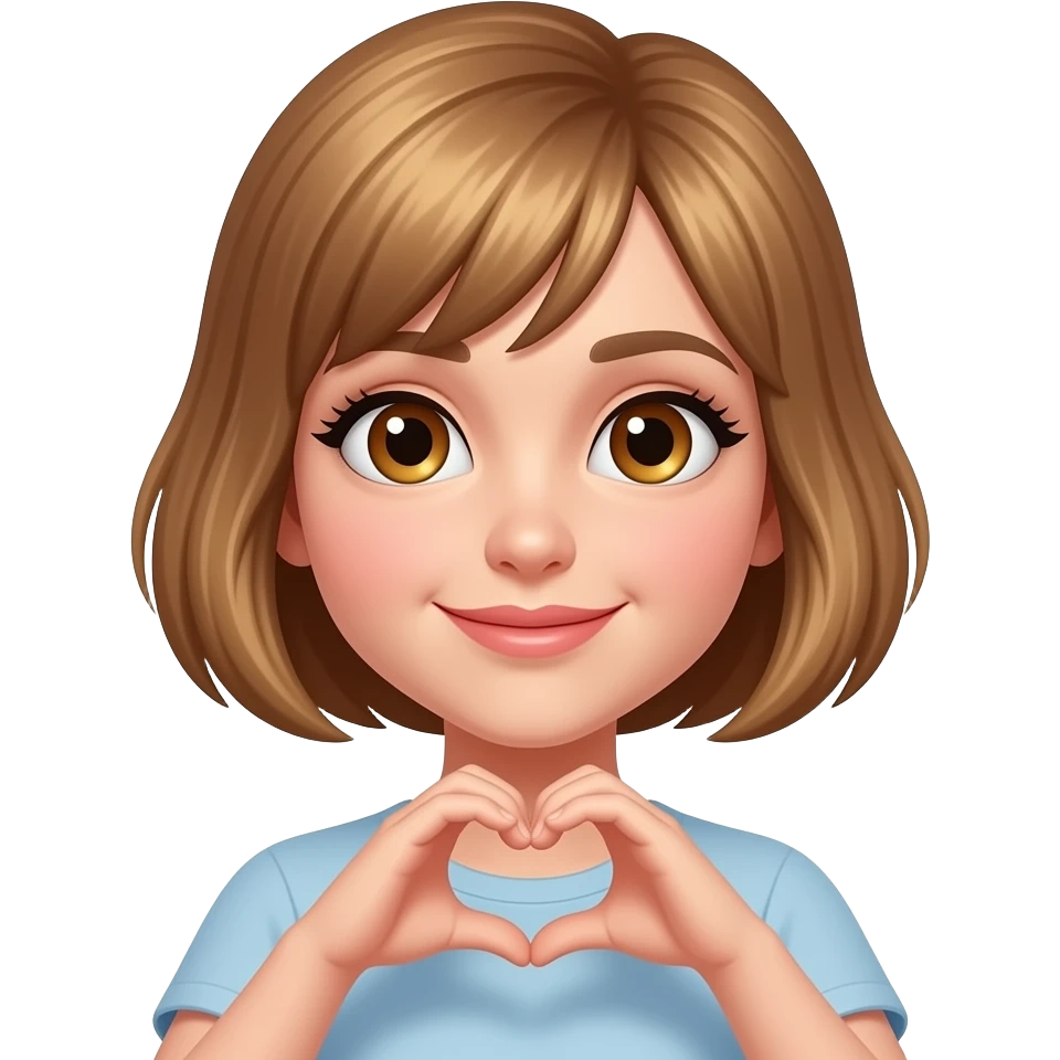 Diva with short brown blonde hair. Hazel eyes. Making heart symbol with her hands emoji