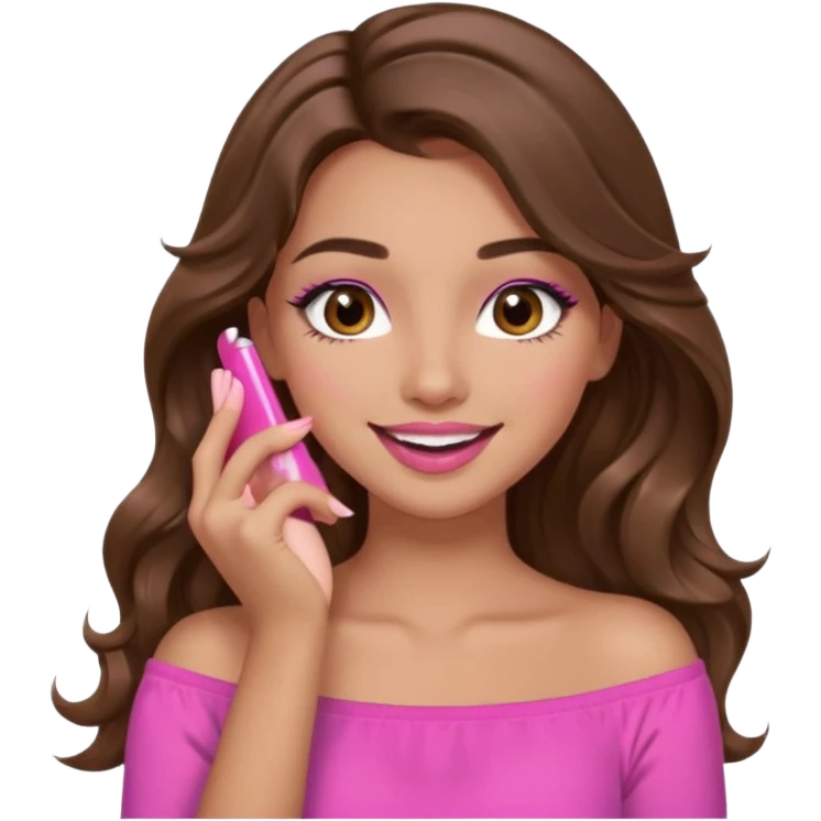 girl with long wavy brown hair, brown eyes, long lashes makeup, pink lips, light to medium complexion, pink sexy top, smiling, hand covering mouth emoji
