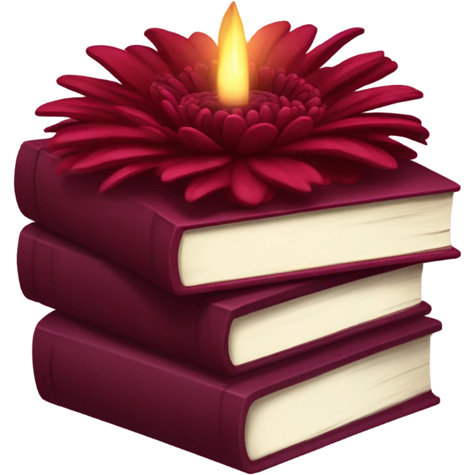 A maroon book stack adorned with ruby-red chrysanthemums and a candle emoji