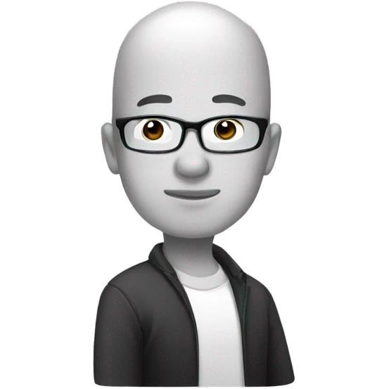 a 35-year old, male, bald, thinking Asian man with hand on chin, wearing glasses emoji