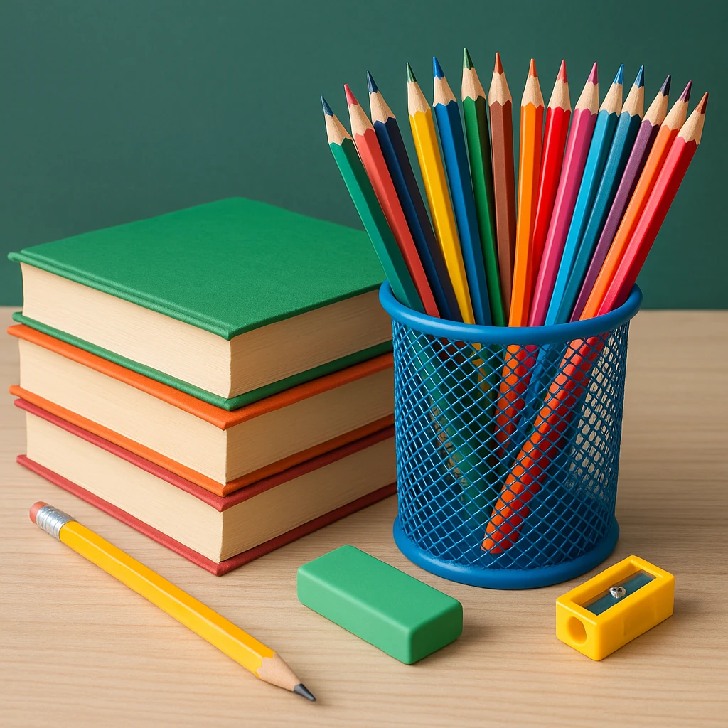 school supplies like books and pencils arranged together emoji