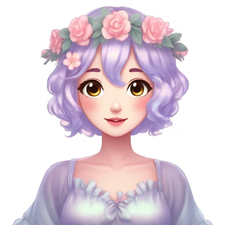 Shiny Gorgeous Pastel Anime Lady with blushing face and pretty hair with a flower crown pastelcore kawaii cottagecore fairycore aesthetic trending style emoji
