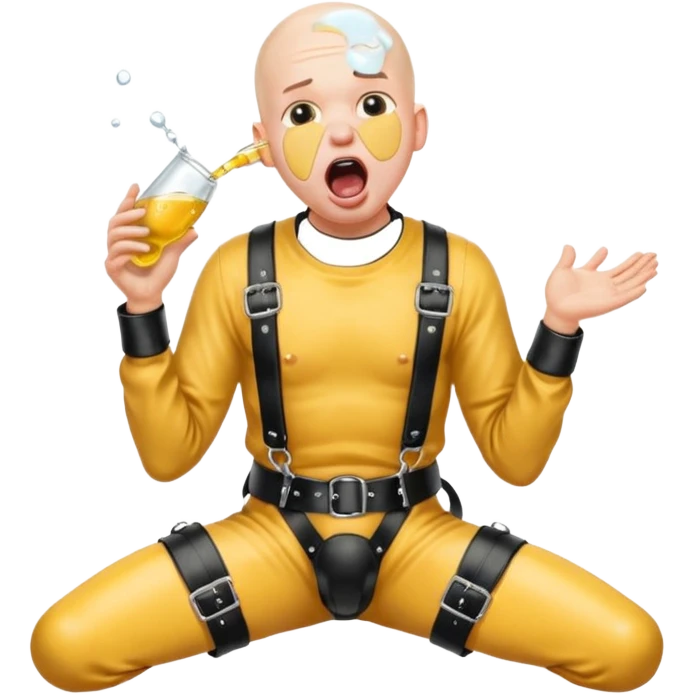 A bald man in a black leather harness on his knees, looking up with his mouth open and his tongue out swallowing piss emoji