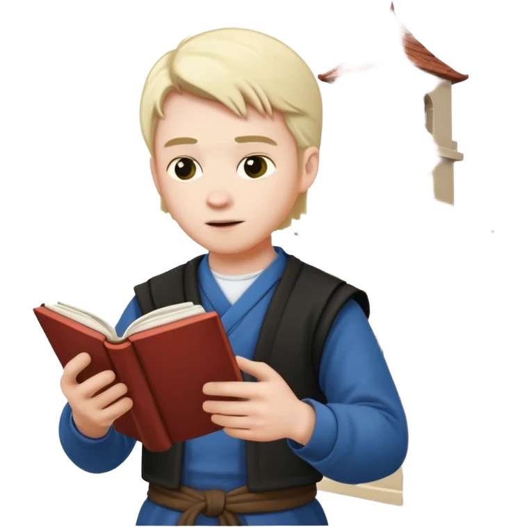 a man in clan clothes reads a book and twists a building in his hand  emoji