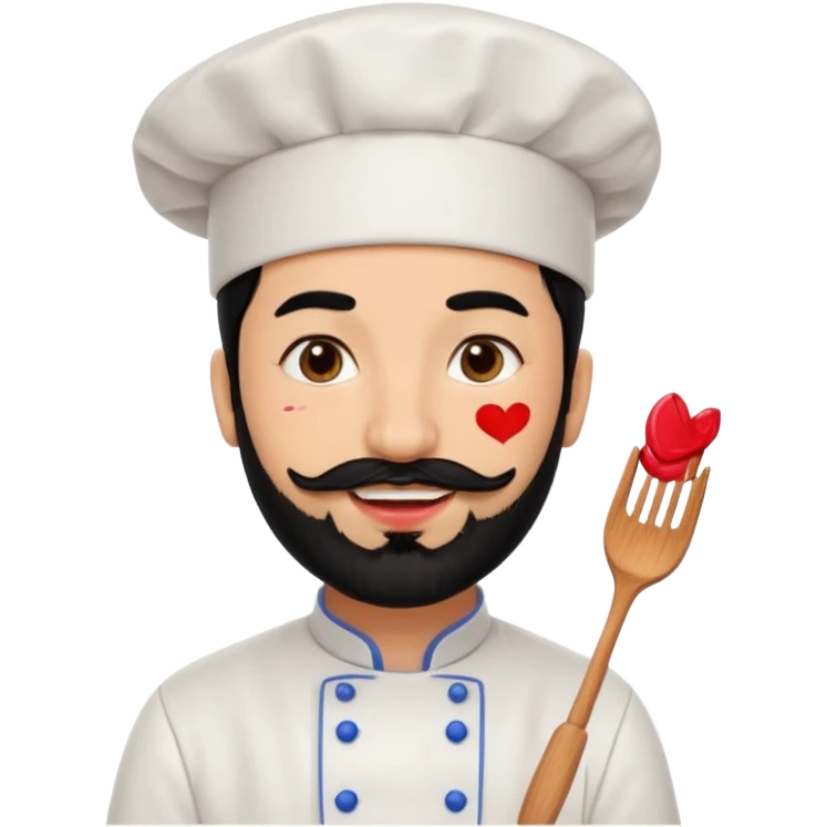 CHEF CON PELO NEGRO Y BARBA NEGRA, OJOS MARRON OSCURO. SONRIE Y TIENE MARCAS DE BESOS CON PINTALABIOS emoji