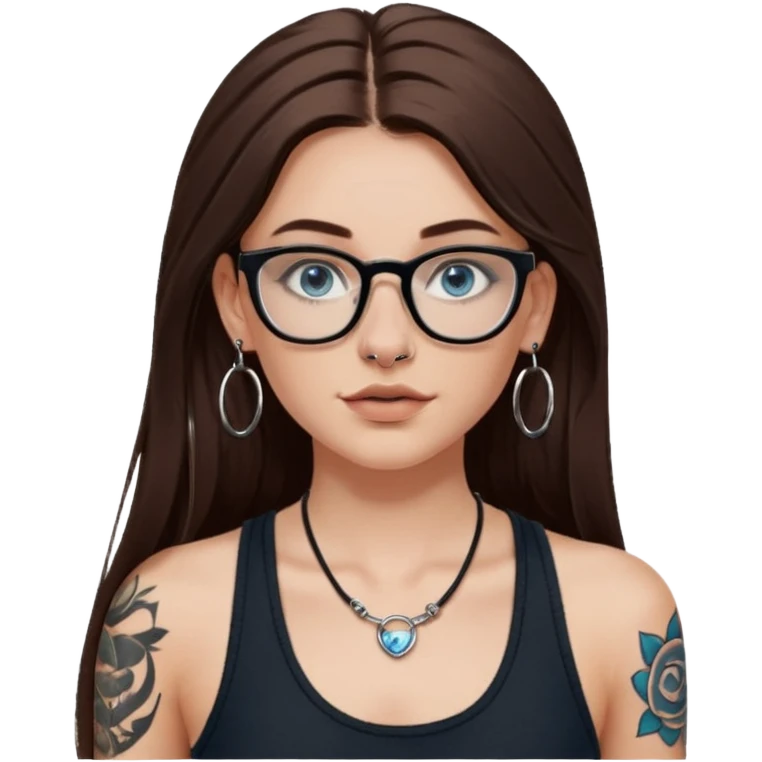 WHITE girl with long brown hair, part going more to the RIGHT side, BLUE eyes, wearing BLACK rectangle plastic frame glasses. SEPTUM nose piercing hoop (at bottom of nose) AND stud nose piercing on right side of nose. Wearing BLACK tank top. Arm tattoos. Hoop earrings emoji