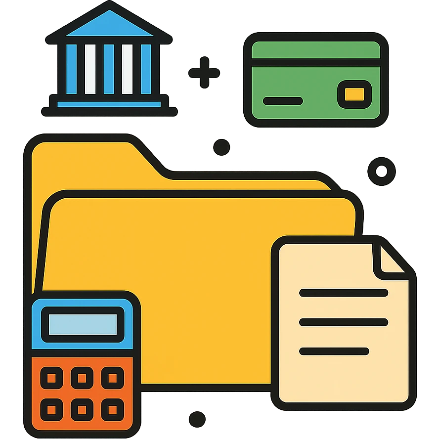 Closed folder icon with small symbols floating around: bank building, credit card, calculator, and document – organized financial archive emoji