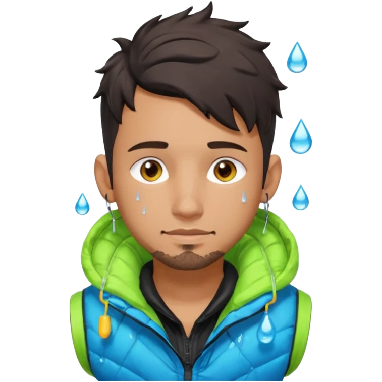 Cyberpunk street adult, hispanic, male, messy undercut, puffer vest over hoodie, glowing earpiece, light stubble, brown eyes, neon reflections, raindrops, dark background. emoji