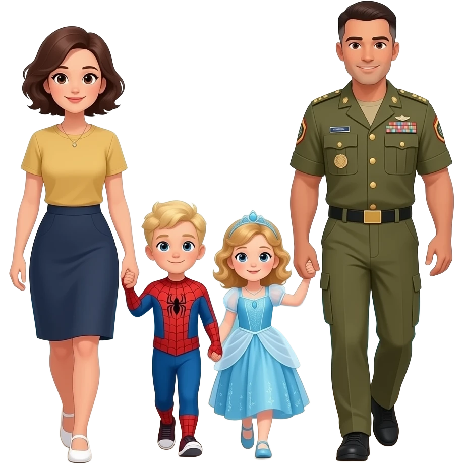 Family of 4 dark haired mom with short wavy hair, Dark haired dad in military uniform and military cut, blond haired in Spider-Man shirt 5 year old boy and blond and curly hair 3 year old in a princess dress walking on the beach emoji