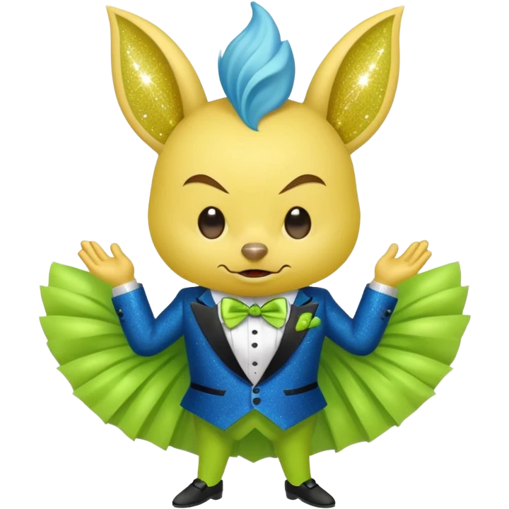 Angry blue banana with ears wearing a sparkly lime green tuxedo and tutu emoji