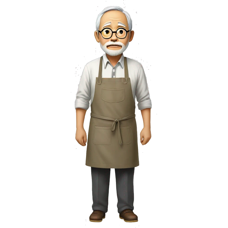 hayao miyazaki with his apron and hands in the pockets - realism emoji