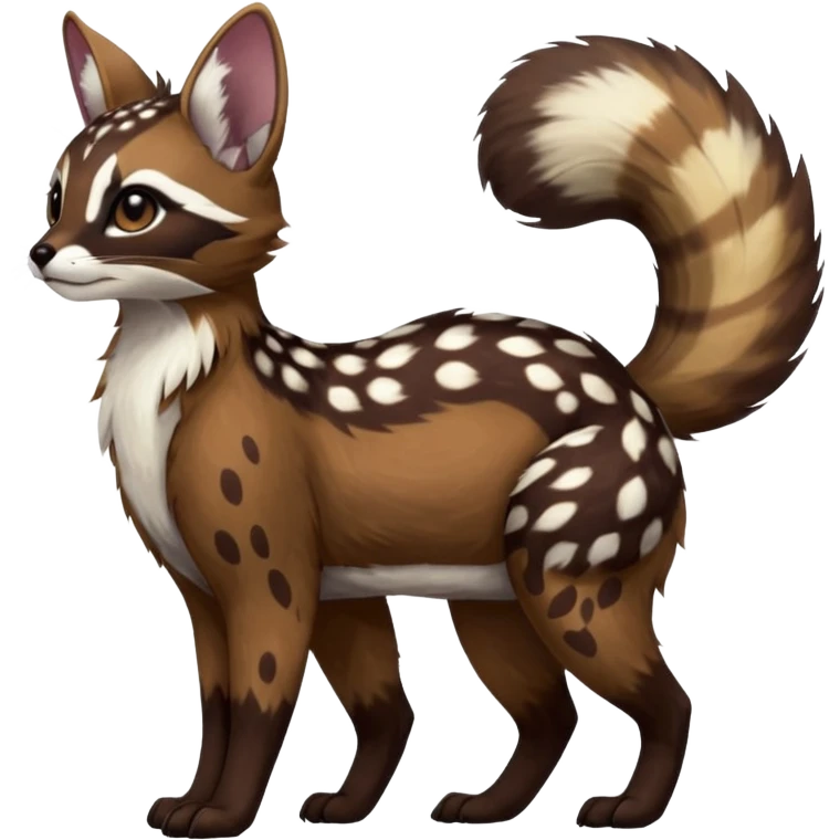 Colorful dark realistic chocolate-brown tropical beige fur glorious divine exotic cute cool beautiful shiny beautiful fantasy-Furret-Eevee-caracal-civet-genet-sergal-vernid-Cacomistle-oncilla-animal-Fakémon-hybrid-fursona with white deer-spots pattern markings (full body) emoji