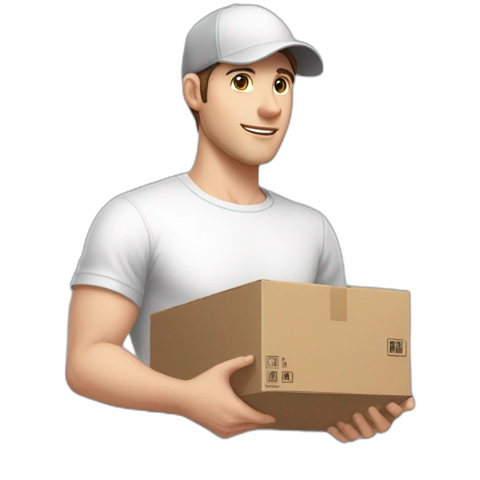 Pale skinned fit Man with dark brown hair in a white cap, gray jeans and gray polo T-shirt keeping a pasted box into his hands emoji