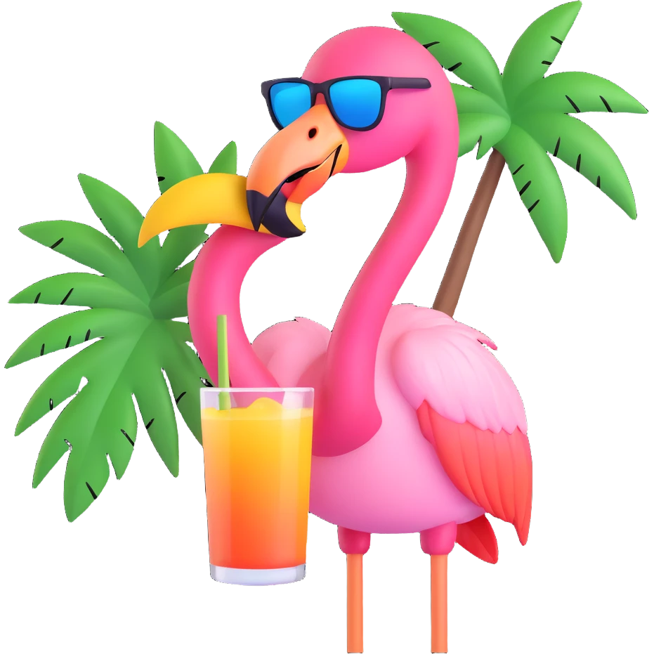 flamingo with sunglasses with a tropical drink and palm tree emoji