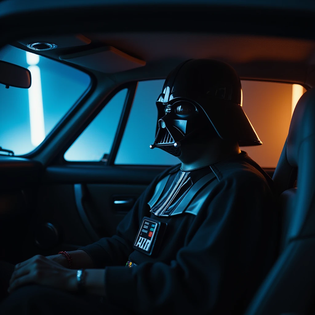 Cinematic shot of a Darth vader sitting in porsche 911, blue and orange lights, full car shot emoji