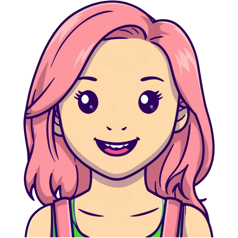 Young girl with pale skin, full pink lips smiling, blonde reddish long hair, big brown eyes with a hint of green, big mouth emoji