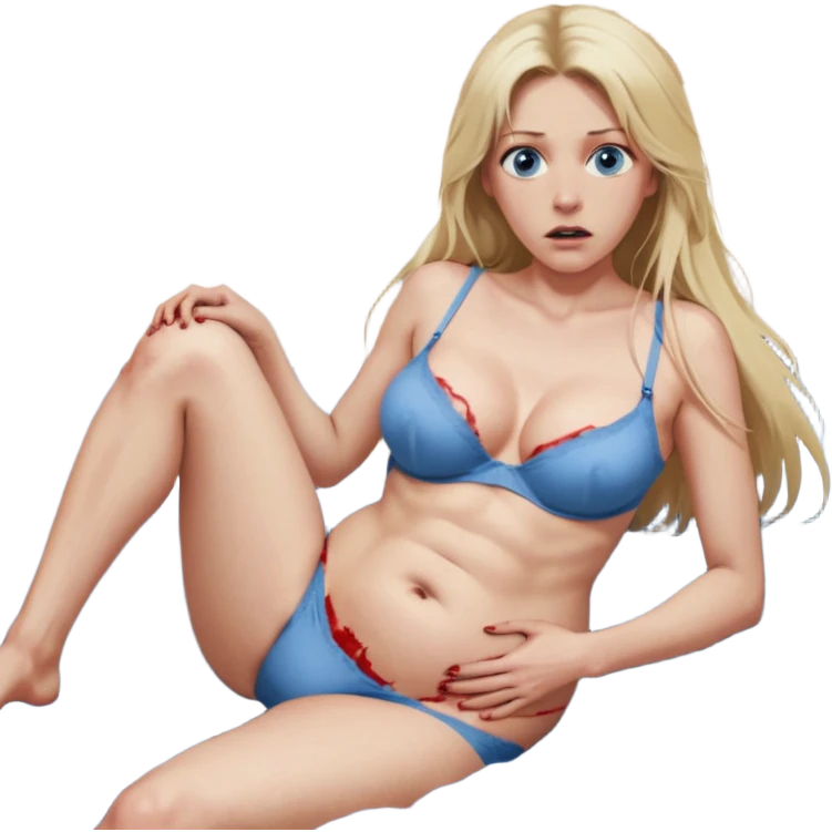 Naked Blonde baddie with very longhair blue eyes   lay in a bed in underwear sie hat Todesangst und guckt schmerzhaft erschrocken Bauch aufgebläht und Bettlacken blutig ihre Brüste unnatürlich riesengroß. Gespreizte Beine ein Mann war das, der ihren Bauch aufpumpt der kurz vorm platzen ist orgasmus emoji