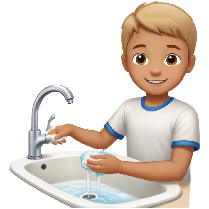 child washing hands at a sink, smiling, food on table in background emoji