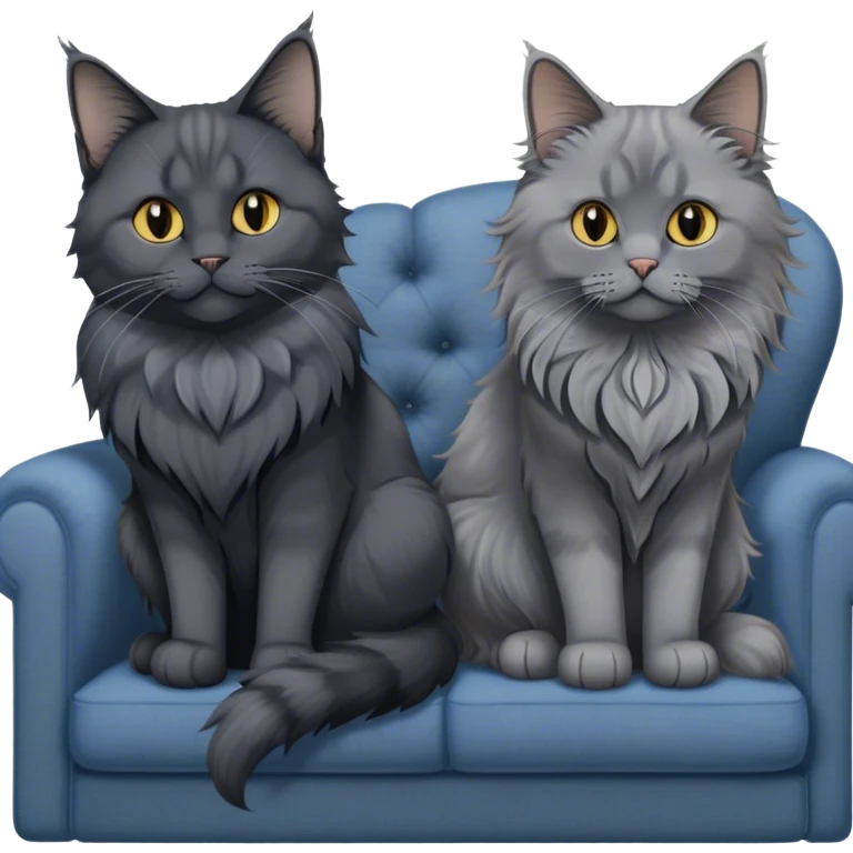A black smoke Maine Coon cat with long gray ear tufts and a large gray ruff, and a thick blue British Shorthair cat, sitting together on a couch. A cozy room with flowers in the background. Transparent background. emoji