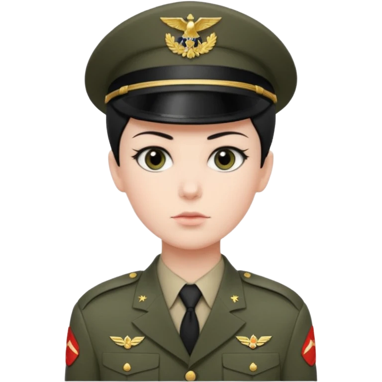 short black neat hair, sharp dark gray eyes, pale skin, serious expression, wearing military uniform, upright posture, minimal accessories, sharp and precise styleDog wizard emoji