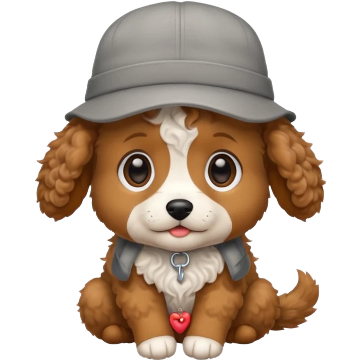 Cute curly brown small puppy wearing a light gray hat  emoji