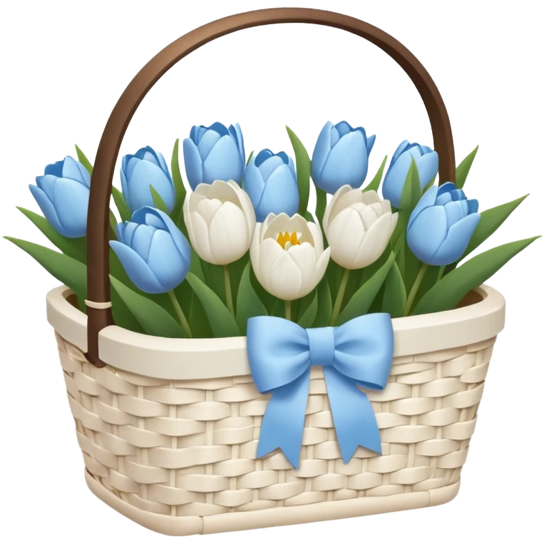 A white Picnic basket with pastel blue bow, white peonie, tulips emoji