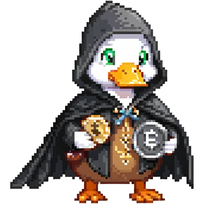 A cool duck in a black cloak with a silver coin emoji