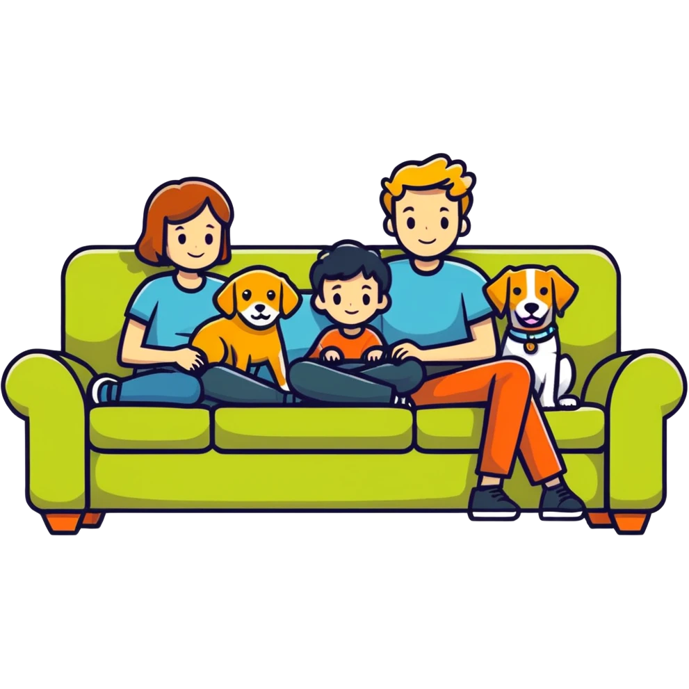 Man, woman, boy and a dog on a couch emoji