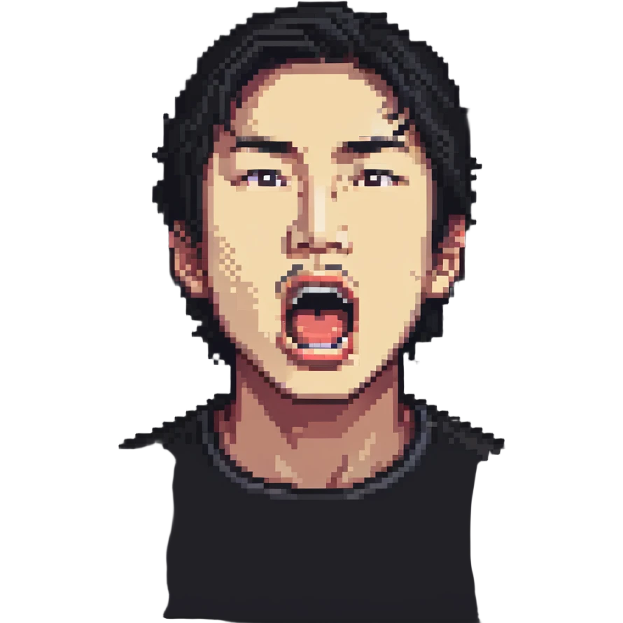 portrait of an Asian man with a semi-open mouth emoji