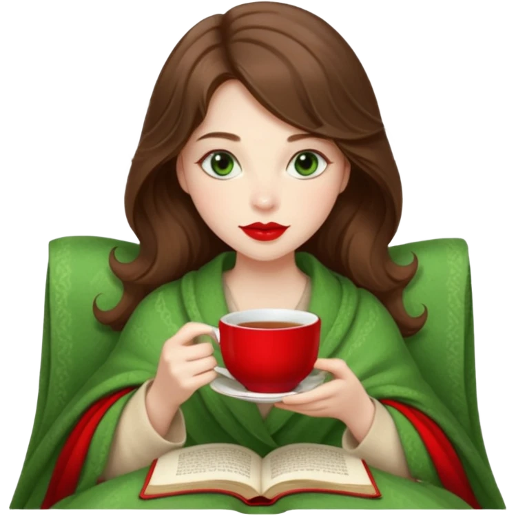 Long wavy brown haired, white skinned, green eyed girl with red lipstick wrapped in a blanket, sipping tea and reading a book emoji