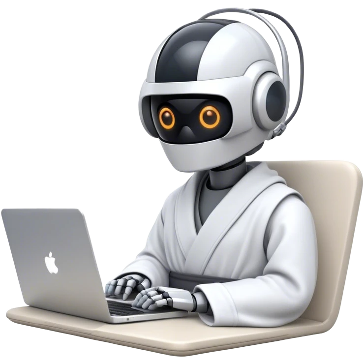 Emoji of a remote-working robot in a cozy smooth bathrobe with a laptop. The robot has a sleek helmet-like head with glowing digital eyes. Relaxed yet high-tech vibe. emoji